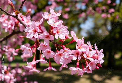 Delicate pink cherry blossoms, close-up view in park setting, outdoor, macro