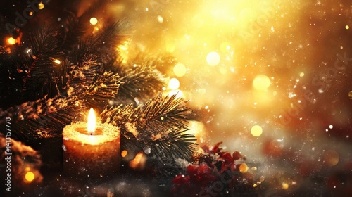 Warm Candlelight on Pine Branches with Sparkling Bokeh Background