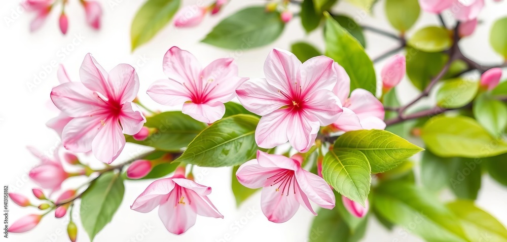 Fototapeta premium Delicate pink watercolor blossoms and lush green leaves isolated on white, design, watercolour