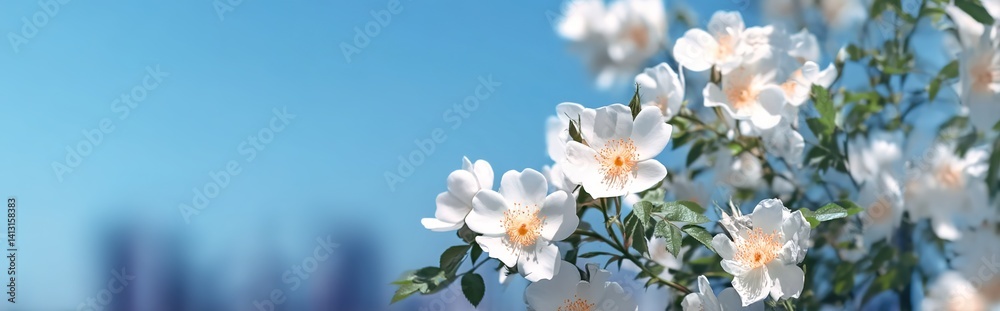 Celestial Floral Simplicity. White blossoms with yellow centers contrast with azure sky. Used in spring calendars, photography portfolios, or wellness blogs. Celestial Floral Simplicity. White blossoms with yellow centers contrast with azure sky. Used in spring calendars, photography portfolios, or wellness blogs.