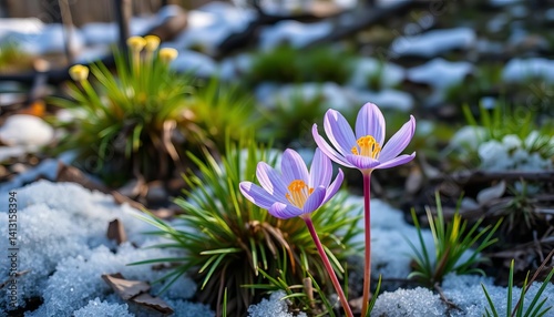 Delicate purple Pasque Flower (Pulsatilla) blooms emerge from melting snow in early spring mountain forest, purple flower, vibrant