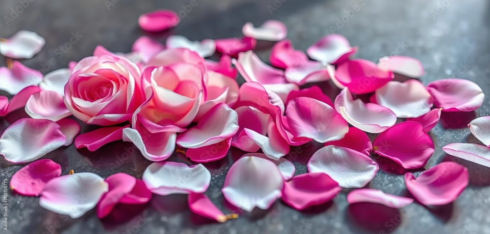 Obraz premium Delicate white and pink rose petals scattered on a surface, pink petals, strewn