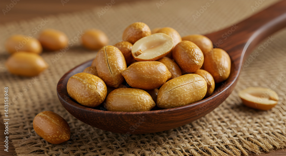 Obraz premium Roasted Peanuts In a Wooden Spoon On Burlap Sack Ready To Eat