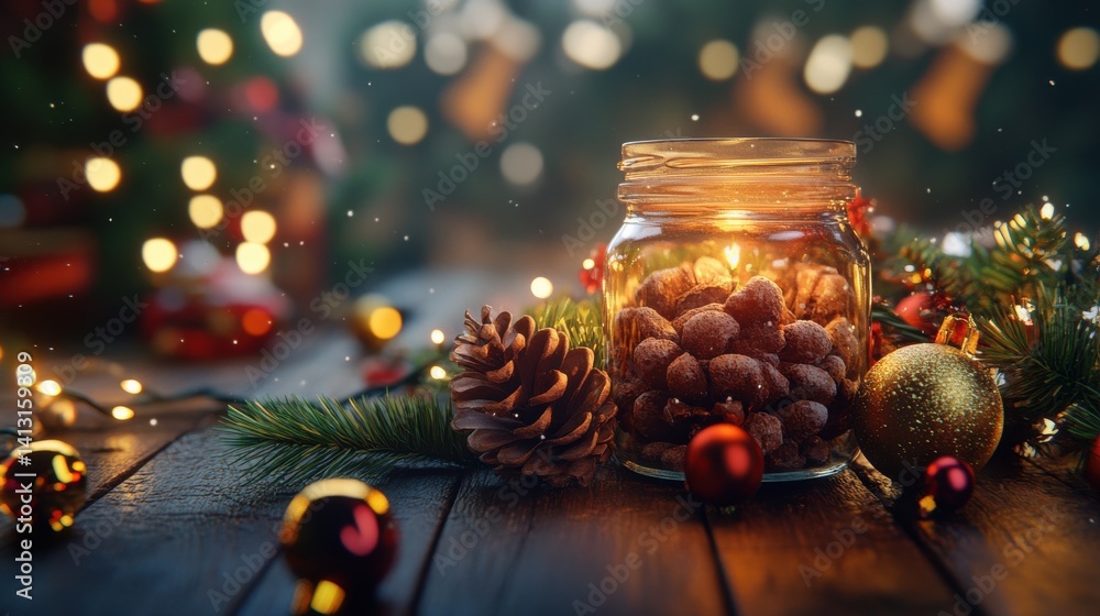 Warm Holiday Scene with Nuts and Christmas Decor in Jar