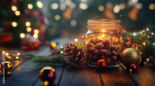 Obraz na płótnie Warm Holiday Scene with Nuts and Christmas Decor in Jar w salonie