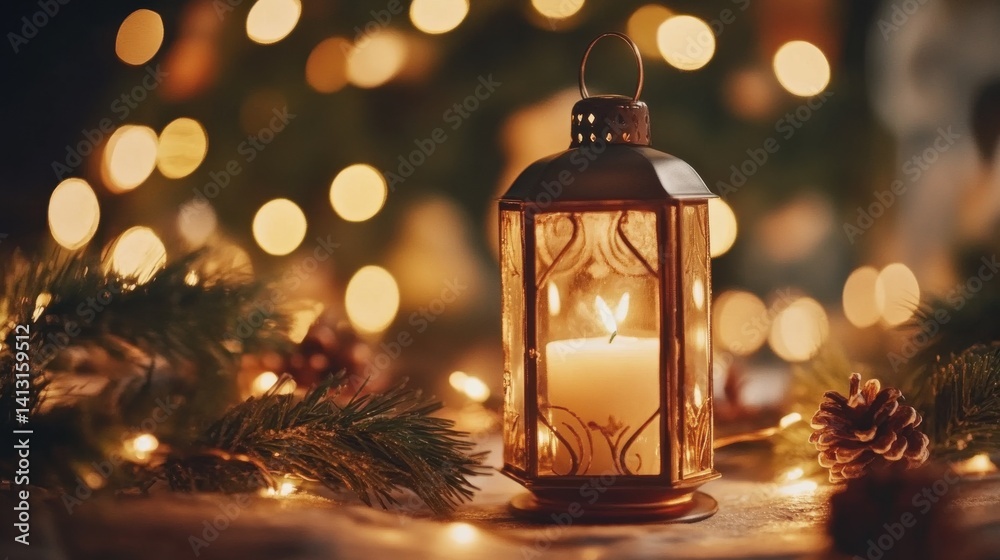 Warm Lantern Glow with Christmas Decorations and Soft Bokeh Lights