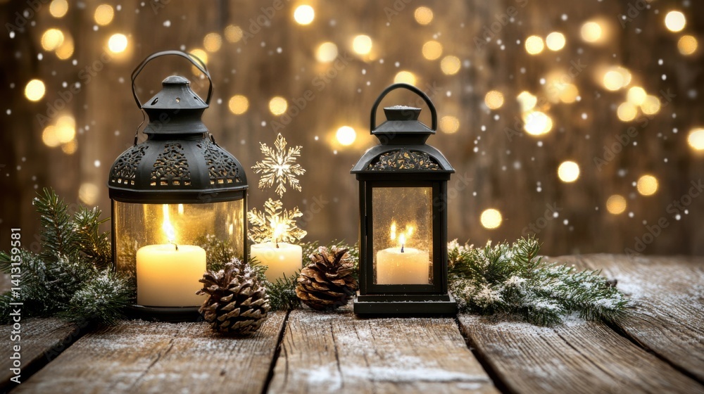Warm Lanterns with Candles and Pine Cones on Wooden Table