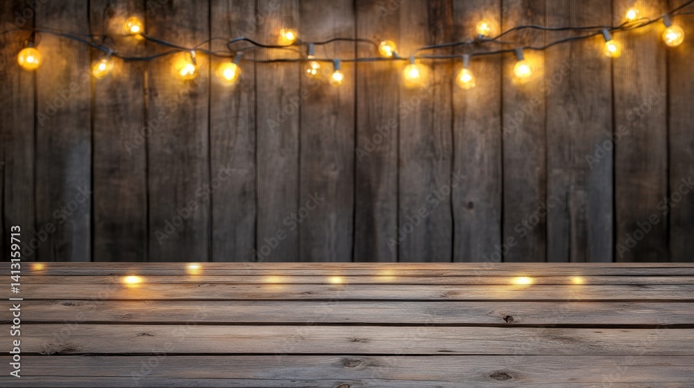Warm Rustic Wood Table with Glowing String Lights in Background