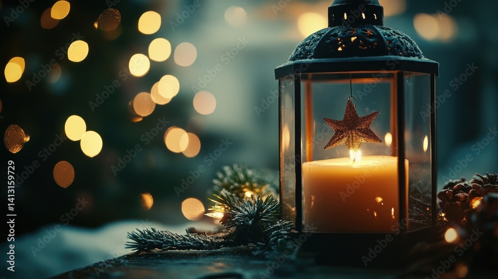 Warm Lantern with Star Ornament and Candle Glow in Cozy Setting