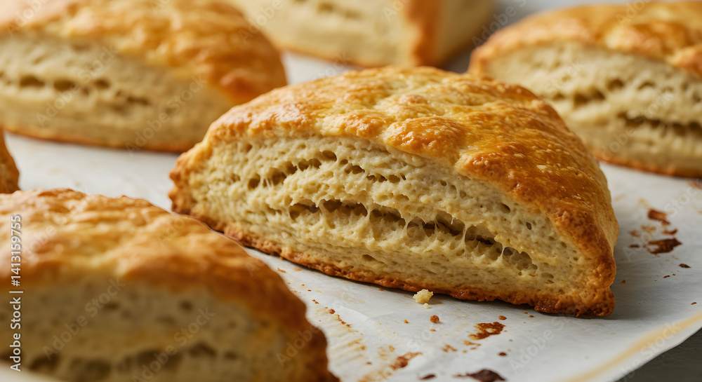 Golden Brown Scones Freshly Baked Displayed on Parchment Paper Golden Brown Scones Freshly Baked Displayed on Parchment Paper
