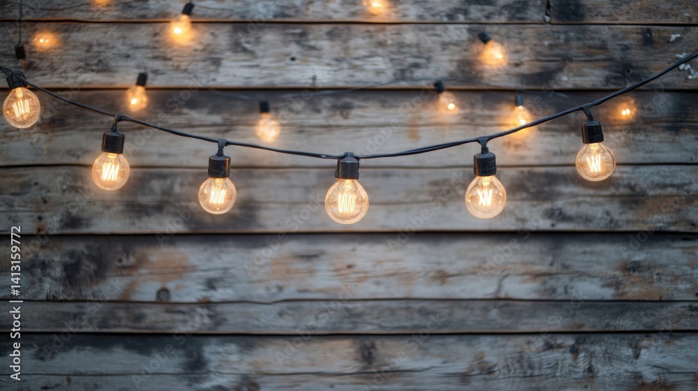 Warm String Lights Hanging on Rustic Wooden Background