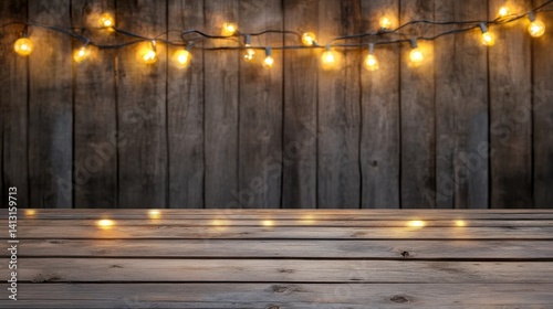 Obraz na płótnie Warm Rustic Wood Table with Glowing String Lights in Background w salonie