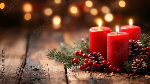 Obraz na płótnie Warmly Lit Red Candles Surrounded by Greenery and Pinecones w salonie