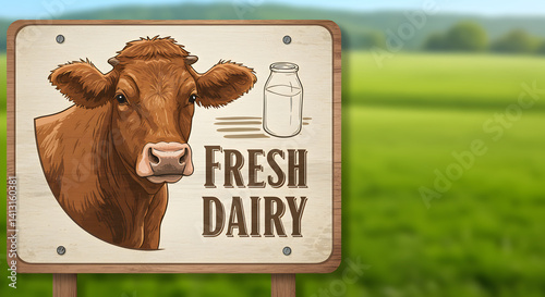 Retro Signboard Announcing Fresh Dairy Products In Scenic Countryside