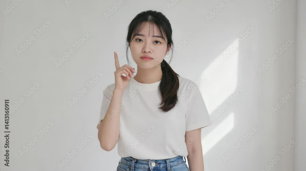 Young woman raising her index finger, standing against a simple white background with natural light. Demonstrating a point or idea. Young woman raising her index finger, standing against a simple white background with natural light. Demonstrating a point or idea.