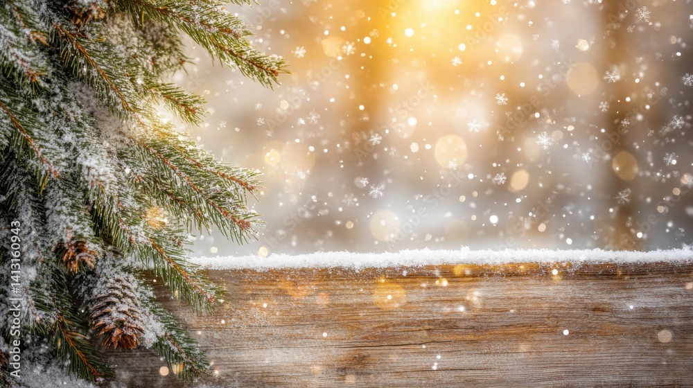 Winter Scene with Pine Branch, Snowflakes, and Golden Light Background