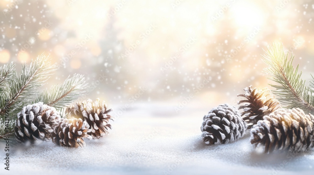 Winter Scene with Snowy Pine Cones and Evergreen Branches