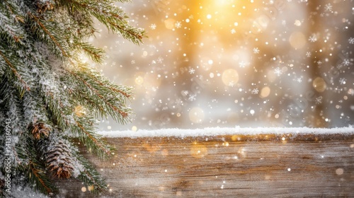Obraz na płótnie Winter Scene with Pine Branch, Snowflakes, and Golden Light Background w salonie