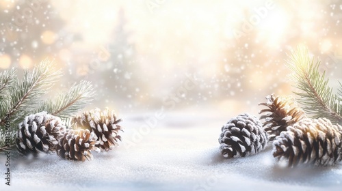 Obraz na płótnie Winter Scene with Snowy Pine Cones and Evergreen Branches w salonie