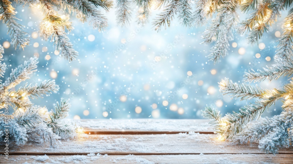 Winter Wonderland Background with Snowfall and Pine Branches