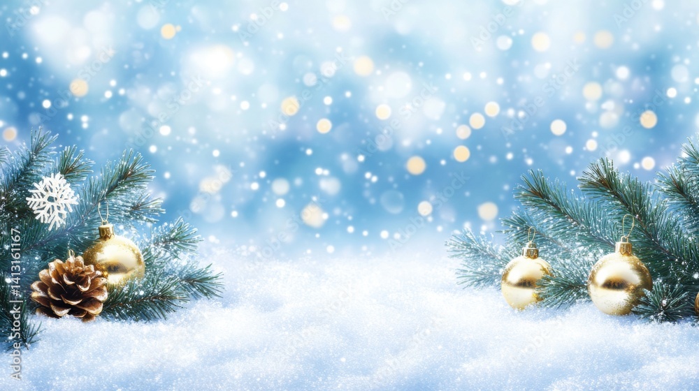 Winter Wonderland Background with Snow, Bokeh, and Pine Branches
