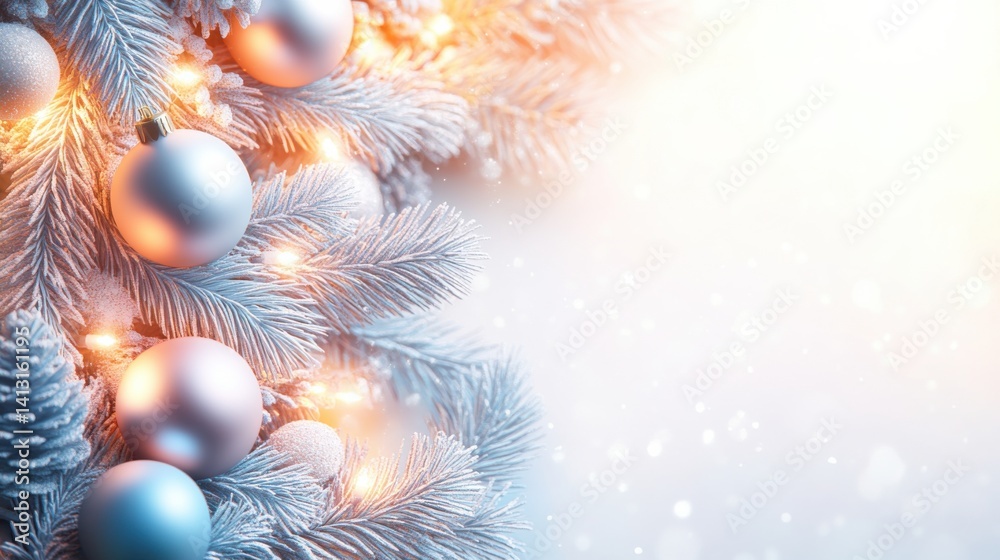 Winter Wonderland Scene with Ornaments and Snowy Evergreen Foliage