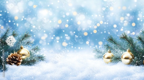 Obraz na płótnie Winter Wonderland Background with Snow, Bokeh, and Pine Branches w salonie