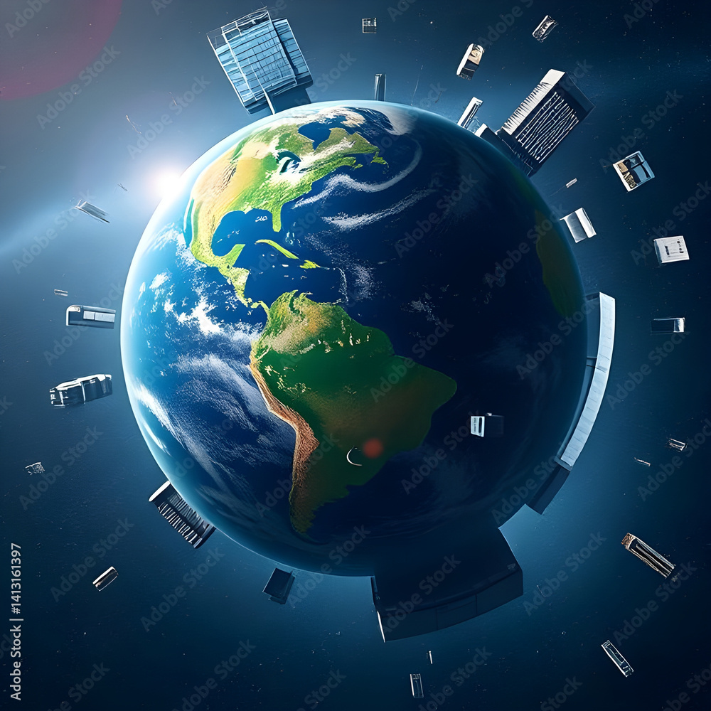 Fototapeta premium Planet Earth Merged with Capitalist Skyscrapers in Outer Space