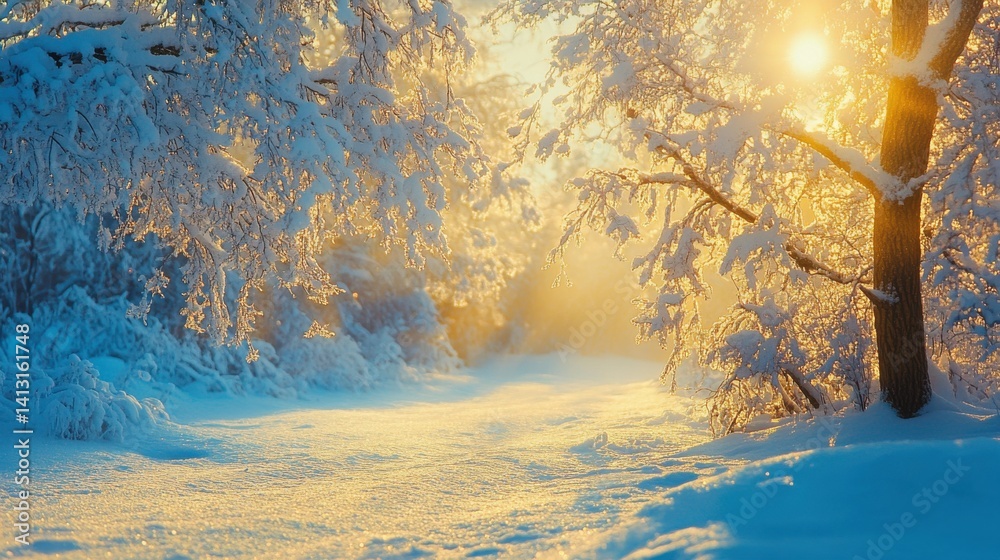 Winter Wonderland with Snowy Trees and Soft Sunlight Glow