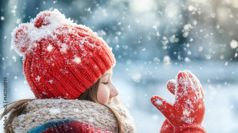 Young Woman in Red Hat Enjoying Snowfall in Winter Wonderland