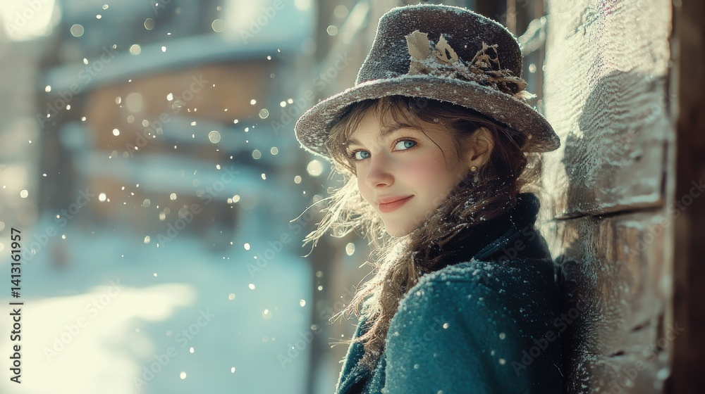 Young woman in winter hat smiling outdoors with snowflakes falling