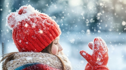 Obraz na płótnie Young Woman in Red Hat Enjoying Snowfall in Winter Wonderland w salonie