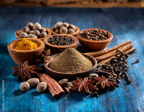 Fototapeta Naklejka Na Ścianę i Meble -  A vibrant array of spices, such as cloves, cinnamon, and nutmeg, are laid out, highlighting Indonesia's historical role in the spice trade and its rich flavors.