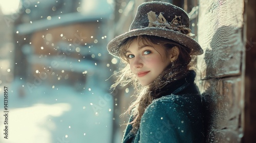 Obraz na płótnie Young woman in winter hat smiling outdoors with snowflakes falling w salonie
