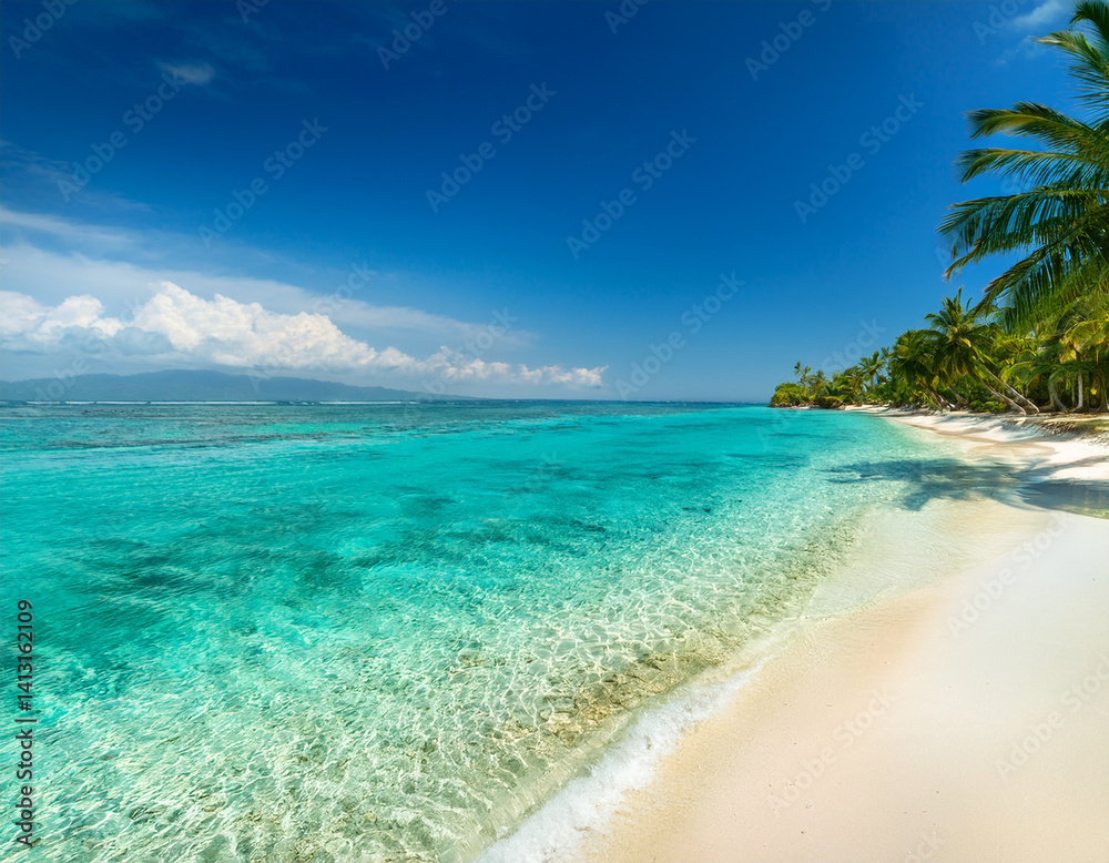 Fototapeta premium Clear turquoise waters gently lap against white sandy beaches fringed with palm trees, representing Indonesia's tropical paradise appeal.
