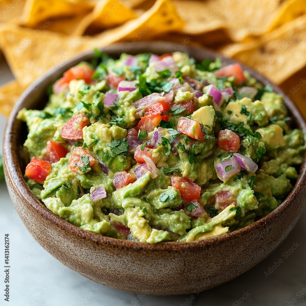 freshly made guacamole served in a rustic bowl with tortilla chips creamy green texture vibrant colors soft natural lighting clean white backdrop freshly made guacamole served in a rustic bowl with tortilla chips creamy green texture vibrant colors soft natural lighting clean white backdrop