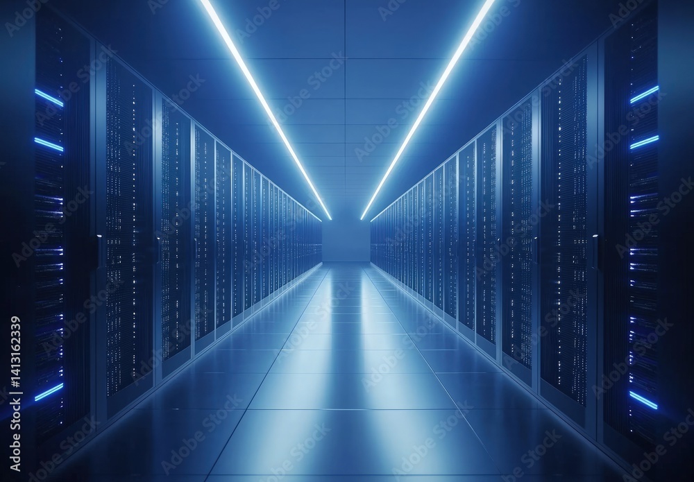 Fototapeta premium Minimalist futuristic server room with sleek blue lighting and reflective flooring. Perfect for IT infrastructure, cybersecurity visuals, and modern cloud computing concepts
