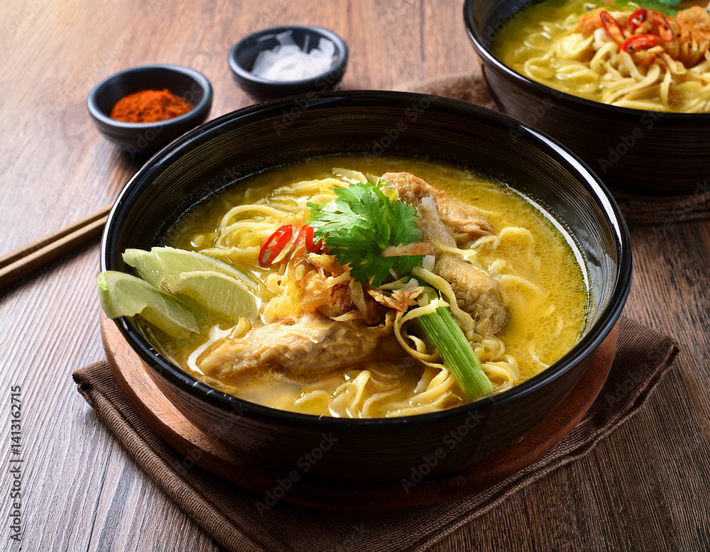 Steaming bowls of Indonesian Soto Ayam (chicken soup) with vibrant yellow broth and various toppings, showcasing a comforting national dish. Steaming bowls of Indonesian Soto Ayam (chicken soup) with vibrant yellow broth and various toppings, showcasing a comforting national dish.