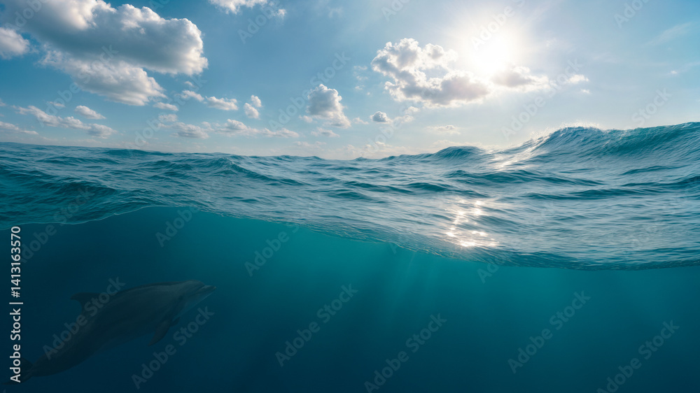 Ocean surface with waves under a bright, sunny sky with white clouds. Underwater view shows clear blue water. Dolphin swims underwater near the surface. Natural marine environment. Ocean surface with waves under a bright, sunny sky with white clouds. Underwater view shows clear blue water. Dolphin swims underwater near the surface. Natural marine environment.