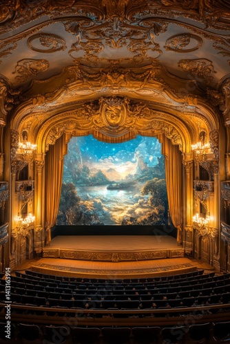 futuristic Baroque theater stage with digital backdrops, ornate golden curtain, interactive holographic effects blending with classical design elements, sleek contemporary seats placed
