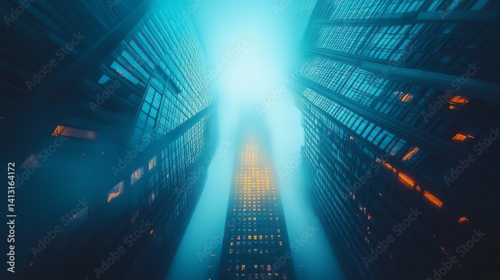 Fototapeta premium futuristic cityscape with neon accents ultra-modern skyscrapers misty streets moody cyberpunk aesthetic dynamic perspective cinematic glow 