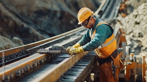 Mining worker repairing conveyor belt machinery at a mining site. Featuring equipment repair and maintenance