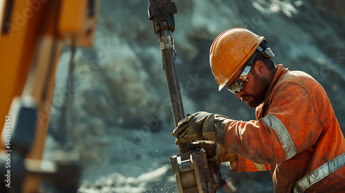 Mining worker repairing drilling equipment at a mining site. Featuring equipment maintenance and repair