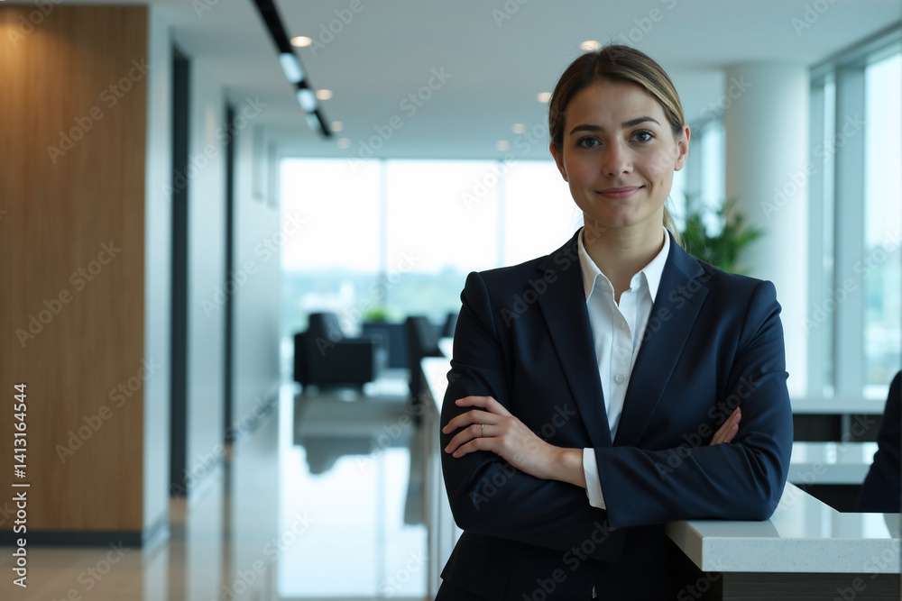 poised businesswoman with folded arms stands confidently in a stylish, contemporary office setting with large windows offering a city view, wearing a smart dark suit and a light blouse poised businesswoman with folded arms stands confidently in a stylish, contemporary office setting with large windows offering a city view, wearing a smart dark suit and a light blouse