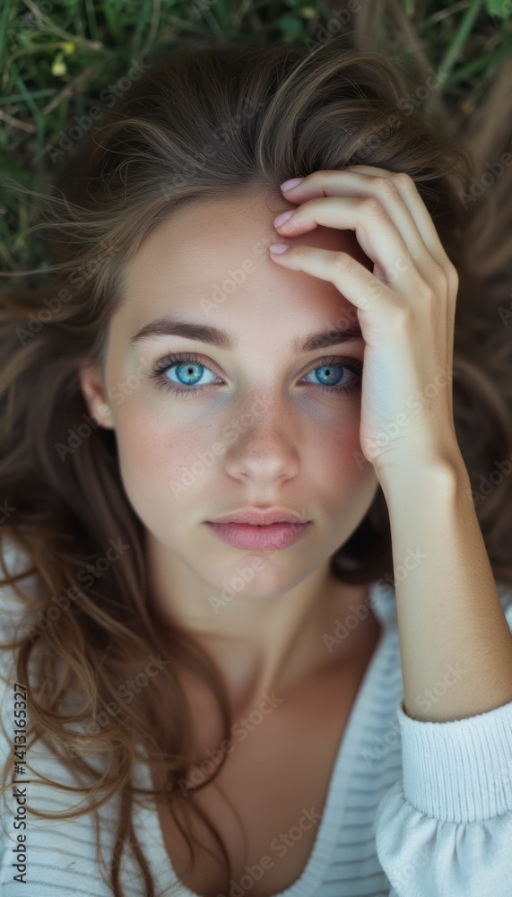 Fototapeta premium This enchanting close-up features a young woman with flowing hair, gazing thoughtfully at the camera while resting on a bed of grass. Her serene expression and delicate features evoke a sense of calm