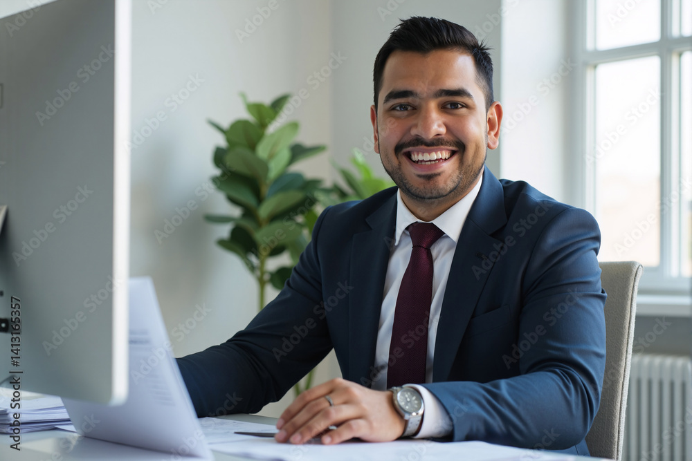smiling Hispanic businessman in a dark grey suit and red tie sits at his office desk, looking directly at the camera while working on his computer, conveying confidence smiling Hispanic businessman in a dark grey suit and red tie sits at his office desk, looking directly at the camera while working on his computer, conveying confidence