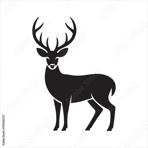 Deer silhouette with antlers in bold minimal vector design, wild animal forest nature graphic element