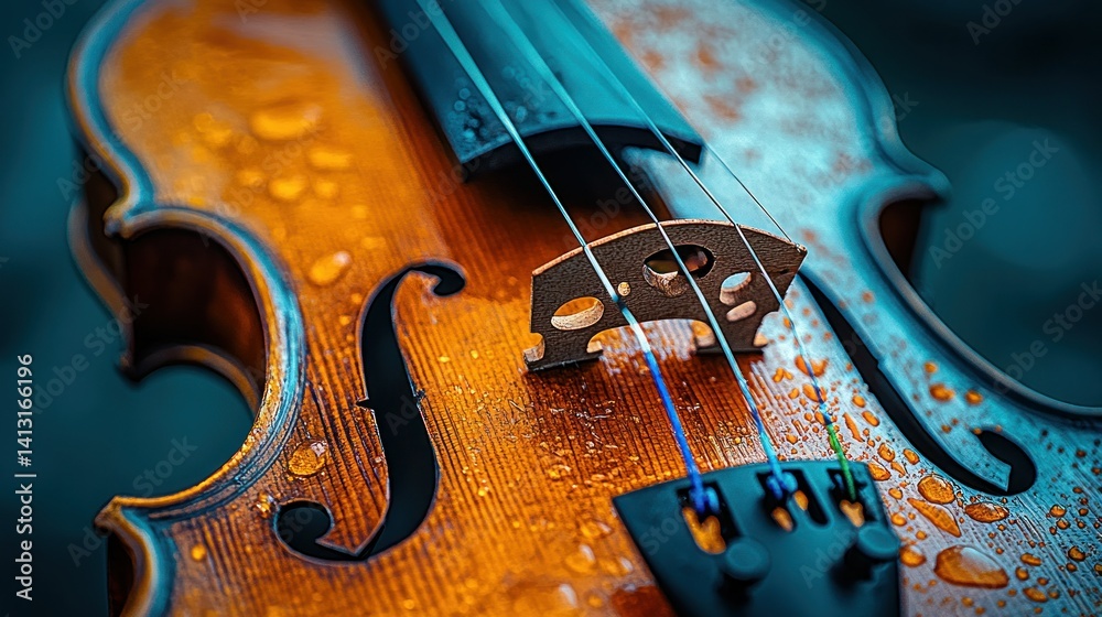 Close-up view of a violin with water droplets Close-up view of a violin with water droplets