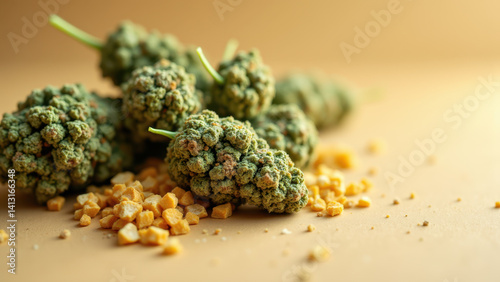 A collection of THC-A (Tetrahydrocannabinolic Acid) crystals on a surface with scattered granulated sugar. photo
