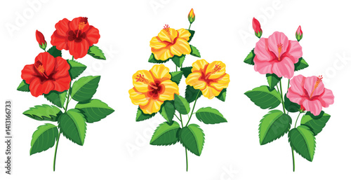 Set of beautiful hibiscus flowers in cartoon style. Vector illustration of tropical hibiscus flowers of different colors: red, yellow, pink, with green leaves, buds isolated on a white background.